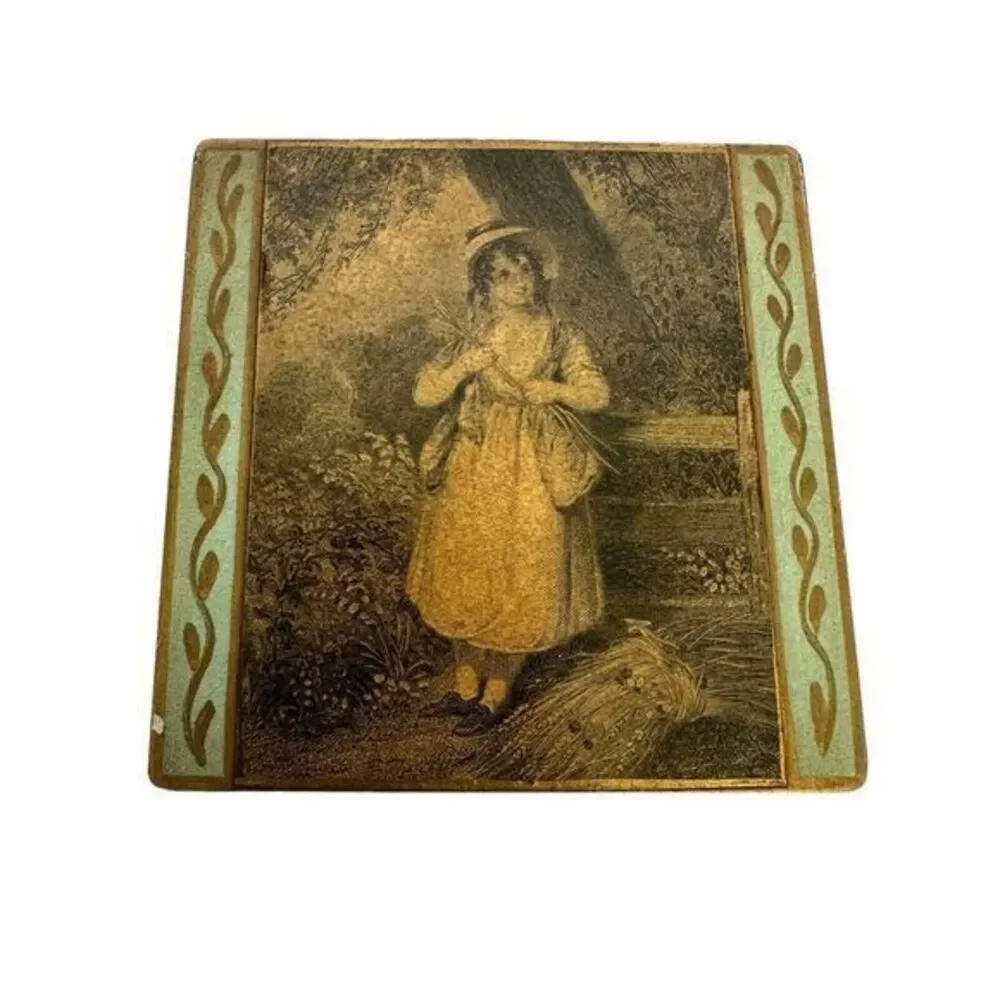 Vintage Hinged Metal Trinket Jewelry‎ Box Blue/Green With Gold Trim 3.75
